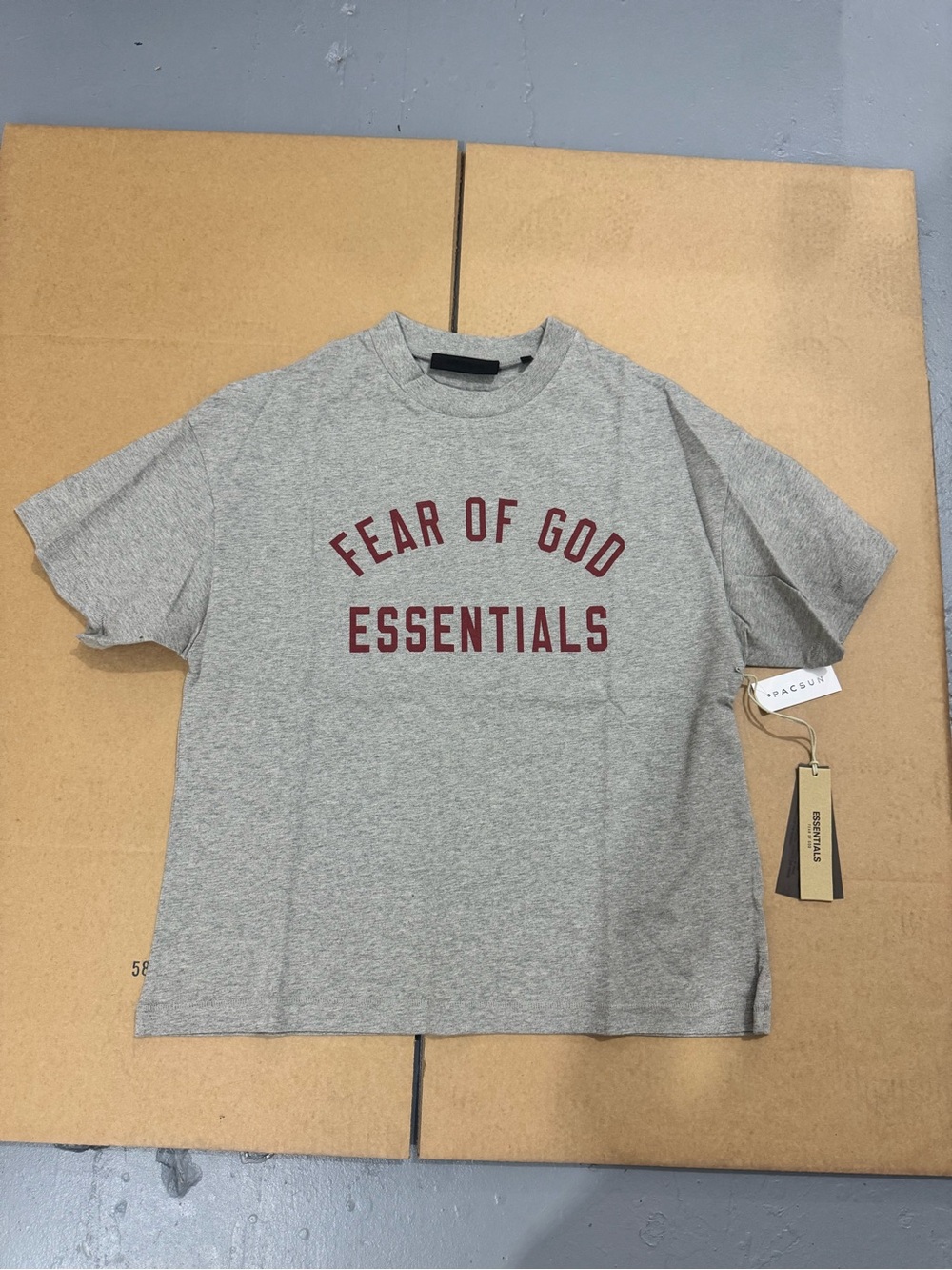 Fear of God Essentials Gray Tee with Maroon Logo